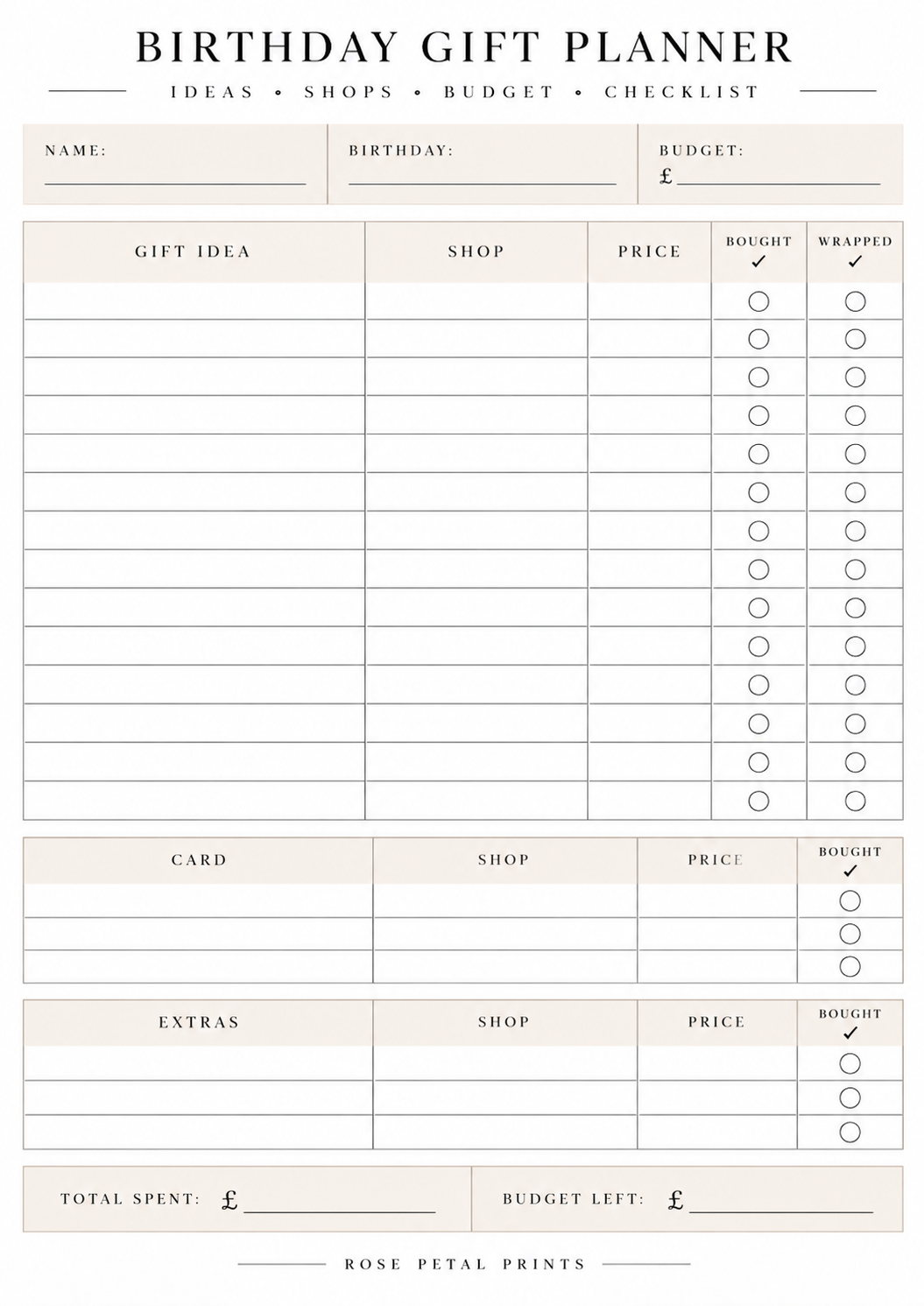 A5 Birthday Gift Planner & Tracker Inserts