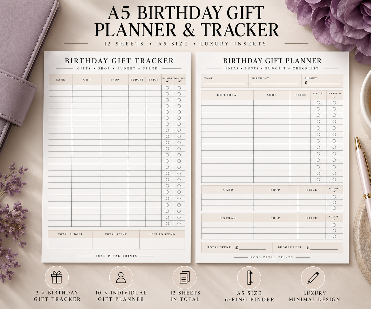 A5 Birthday Gift Planner & Tracker Inserts